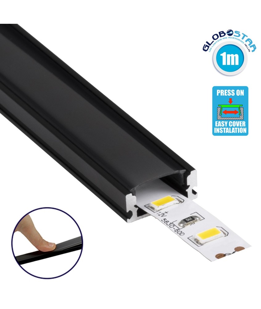 GLOBOSTAR® ALP-LINEAR SURFABO 70806-1M Επιφανειακό Προφίλ Αλουμινίου με Μαύρο Φιμέ Πατητό Κάλυμμα για Ταινίες LED IP20 - Μαύρο & Λευκό - Μ100 x Π1.6 x Υ0.7cm